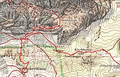 Kort over ruten fra Ackerlhütte til Maukspitze samt tilgangen under første forsøg